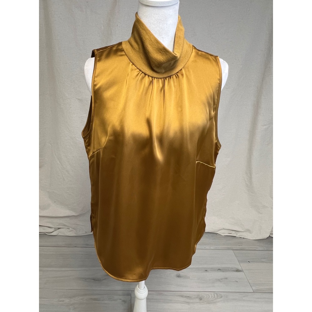 Satin Sleeveless Turtleneck Blouse Mustard Gold Ribbed Knit Neck Sz L Office